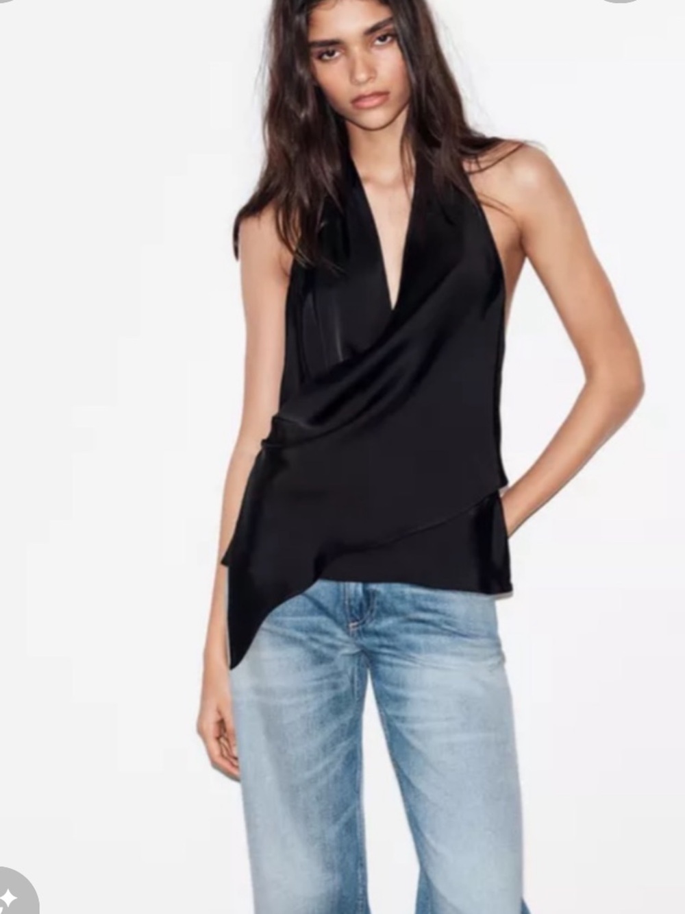 Zara Black Satin Halter Draped Camisole